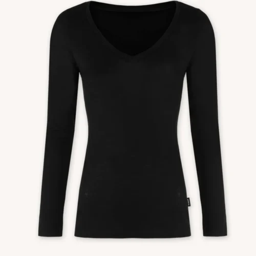 Podkoszulka z wełny merino z długim rękawem i dekoltem V czarna
