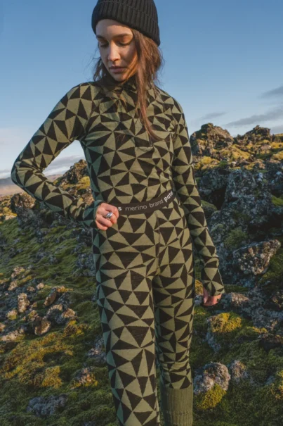 Legginsy termoaktywne z wełny merino 100% damskie w oliwkowe trójkąty