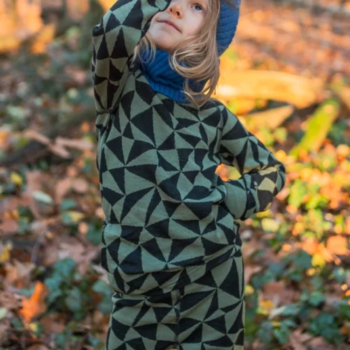 Bielizna termoaktywna z wełny merino 100% góra dziecięca w oliwkowe trójkąty