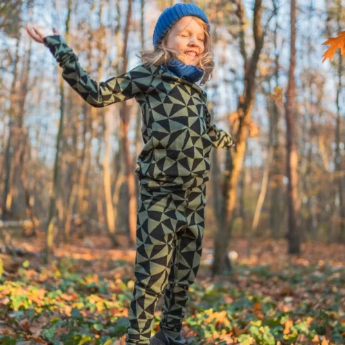 Legginsy termoaktywne z wełny merino 100% dla dzieci w oliwkowe trójkąty