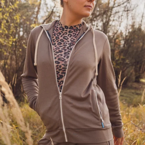 Bluza z wełny merino damska rozpinana z kapturem mocha