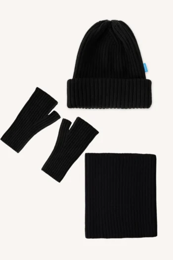 Zestaw czapka, komin i mitenki z wełny merino czarny