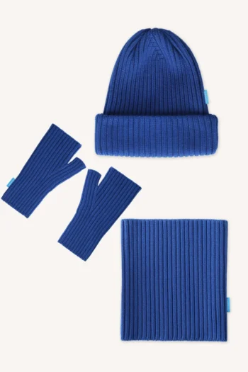 Zestaw czapka, komin i mitenki z wełny merino kobaltowy