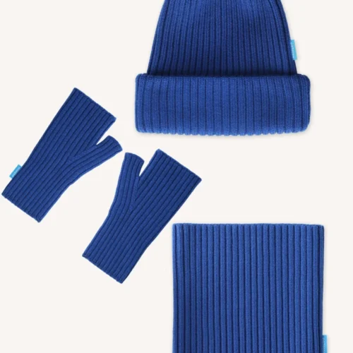 Zestaw czapka, komin i mitenki z wełny merino kobaltowy