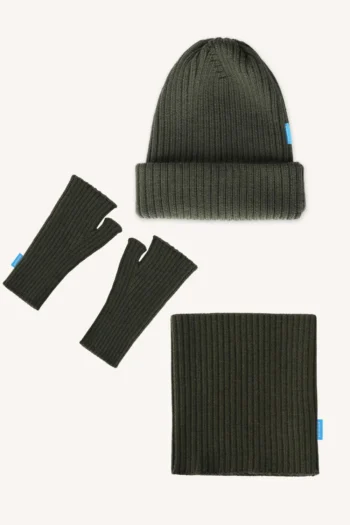 Zestaw czapka, komin i mitenki z wełny merino oliwkowy