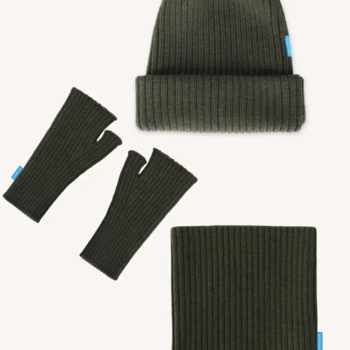 Zestaw czapka, komin i mitenki z wełny merino oliwkowy