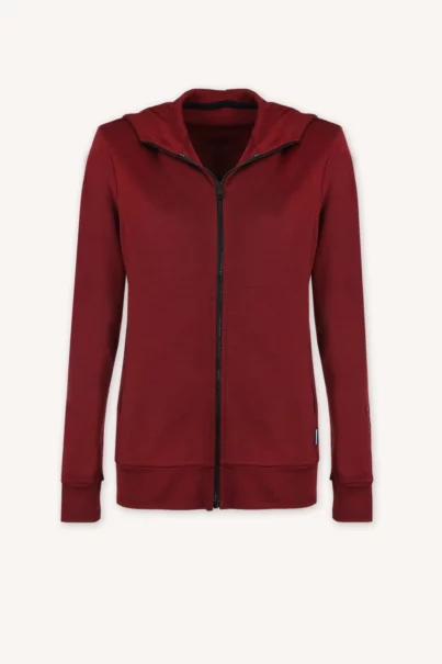 Bluza z wełny merino damska rozpinana z kapturem bordowa