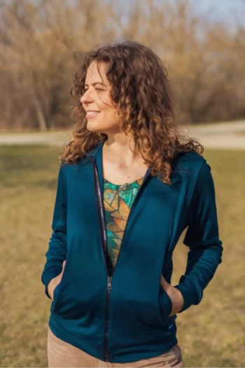 Bluza z wełny merino damska rozpinana z kapturem petrol