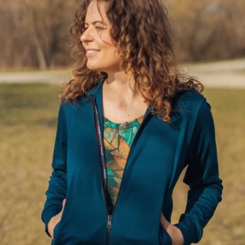 Bluza z wełny merino damska rozpinana z kapturem petrol