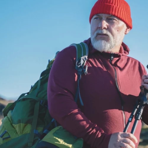 Bluza z wełny merino męska rozpinana z kapturem bordowa