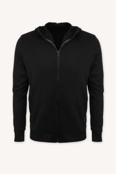 Bluza z wełny merino męska rozpinana z kapturem czarna