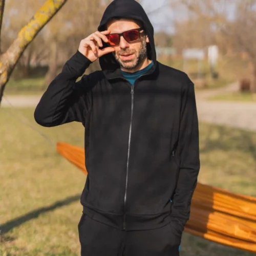 Bluza z wełny merino męska rozpinana z kapturem czarna