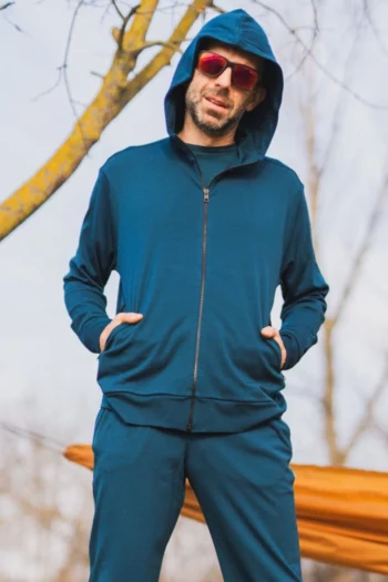 Bluza z wełny merino męska rozpinana z kapturem petrol