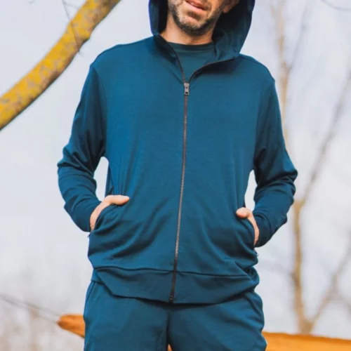 Bluza z wełny merino męska rozpinana z kapturem petrol