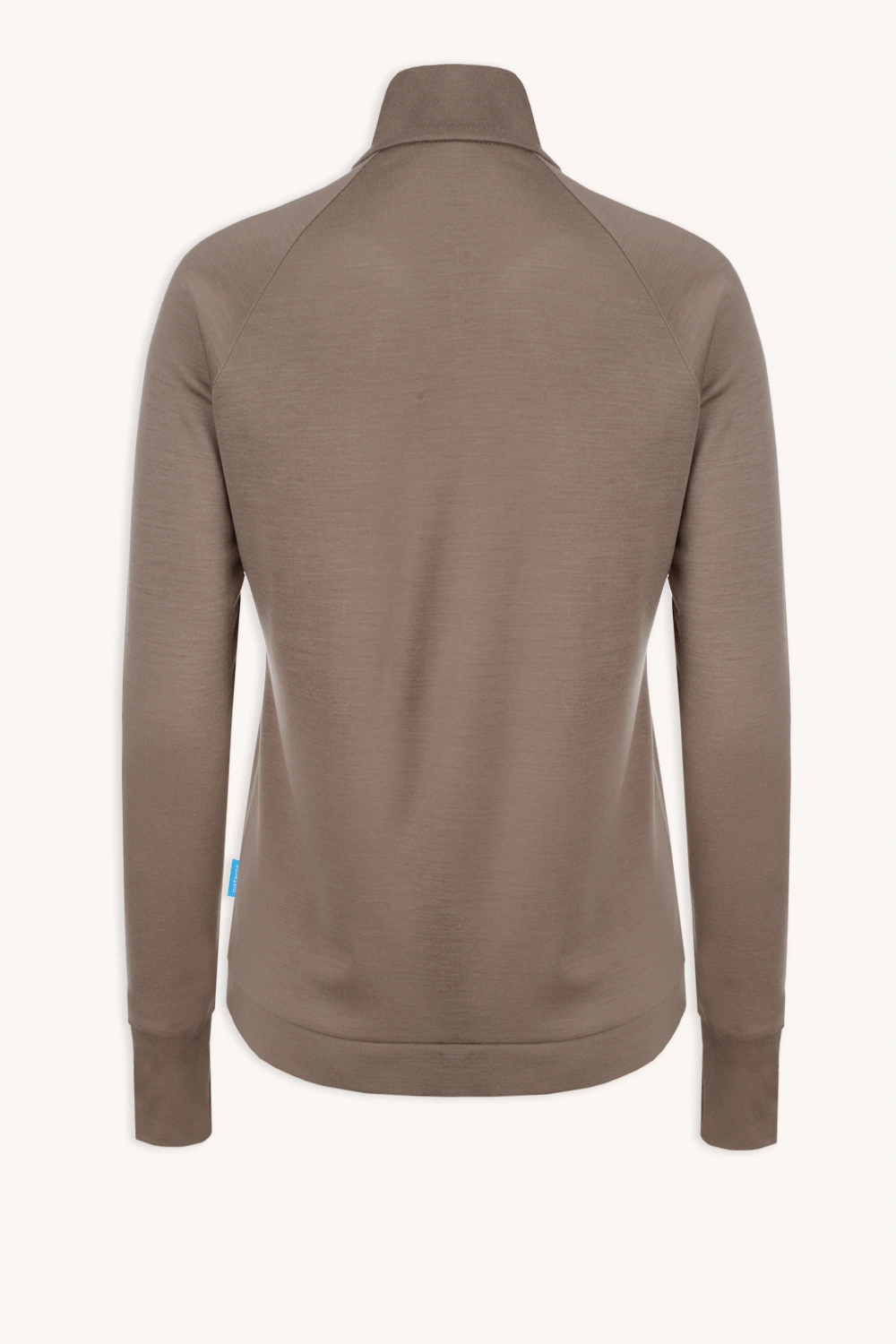 Koszulka z wełny merino ze stójką active damska letnia koszulka z długim rękawem w kolorze ciemnoszarym z wysokim kołnierzem i raglanowymi rękawami, prezentowana na białym tle.