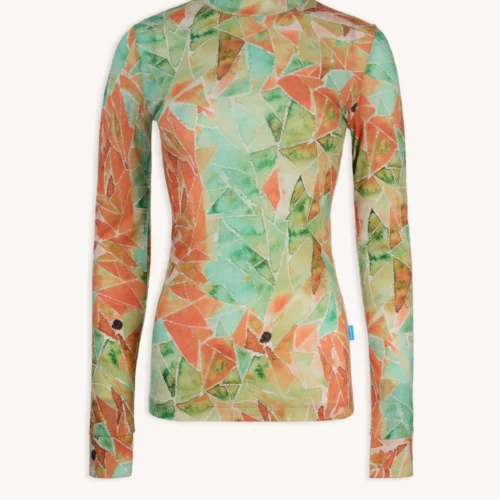 Koszulka z wełny merino ze stójką active damska letnia gorpcore - dopasowany top z długim rękawem z geometrycznym wzorem liści w kolorach zielonym, pomarańczowym i żółtym na białym tle.