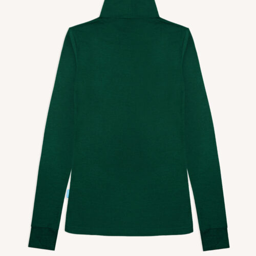 Ciemnozielony golf damski ze 100% wełny merynosów (Golf z wełny merynosów 100% damski zielony) z długimi rękawami i wysokim kołnierzem, pokazany od tyłu i ułożony płasko na jasnym tle.