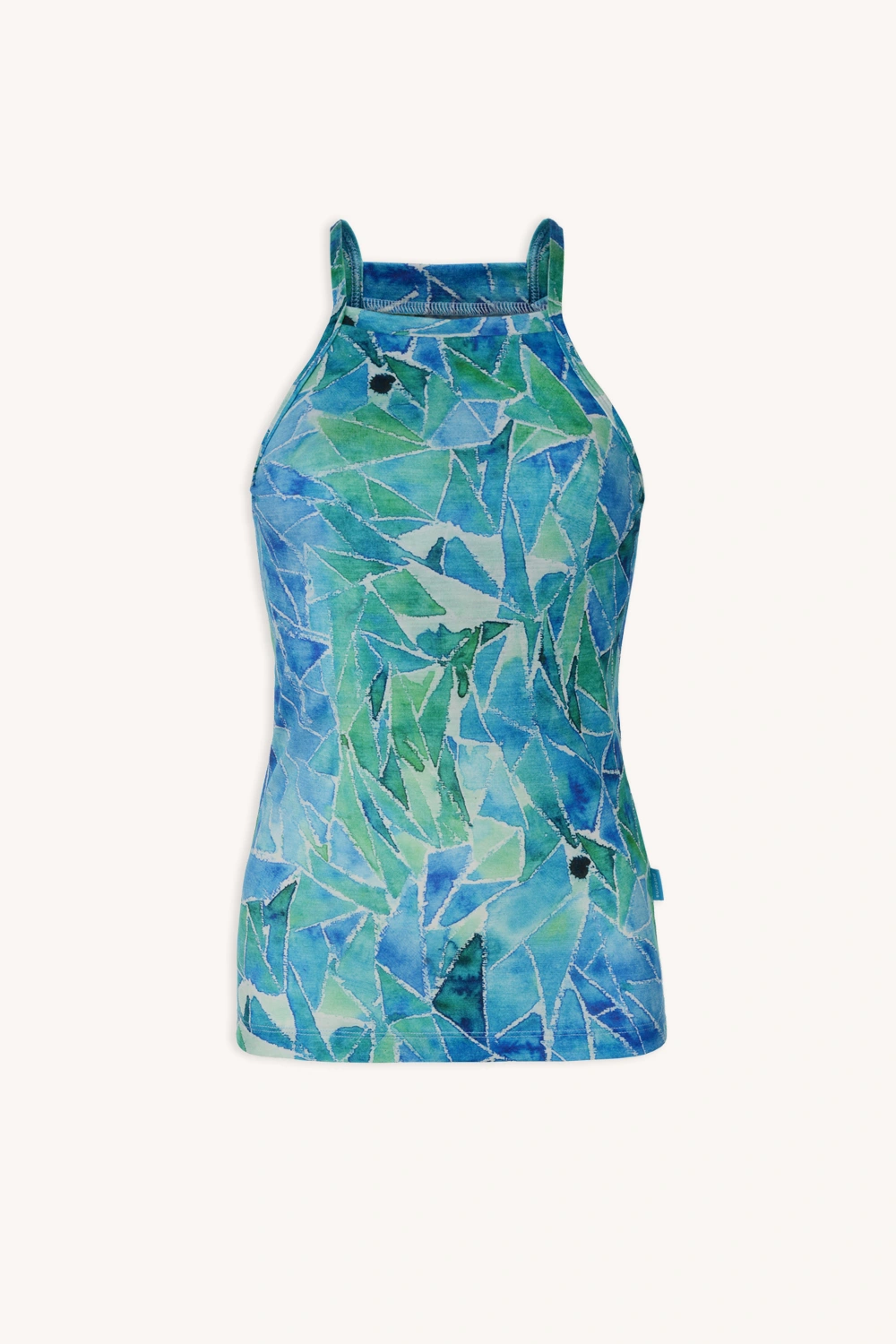 Koszulka z wełny merino ze stójką active damska letnia to bezrękawnik z geometryczną mozaiką w odcieniach niebieskiego i zielonego, przedstawioną na gładkim białym tle.