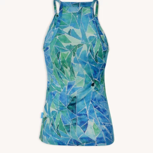 Koszulka z wełny merino ze stójką active damska letnia gorpcore, bez rękawów, z dopasowanym krojem i cienkimi ramiączkami w geometryczny wzór liści w odcieniach niebieskiego i zieleni, prezentowana na białym tle.