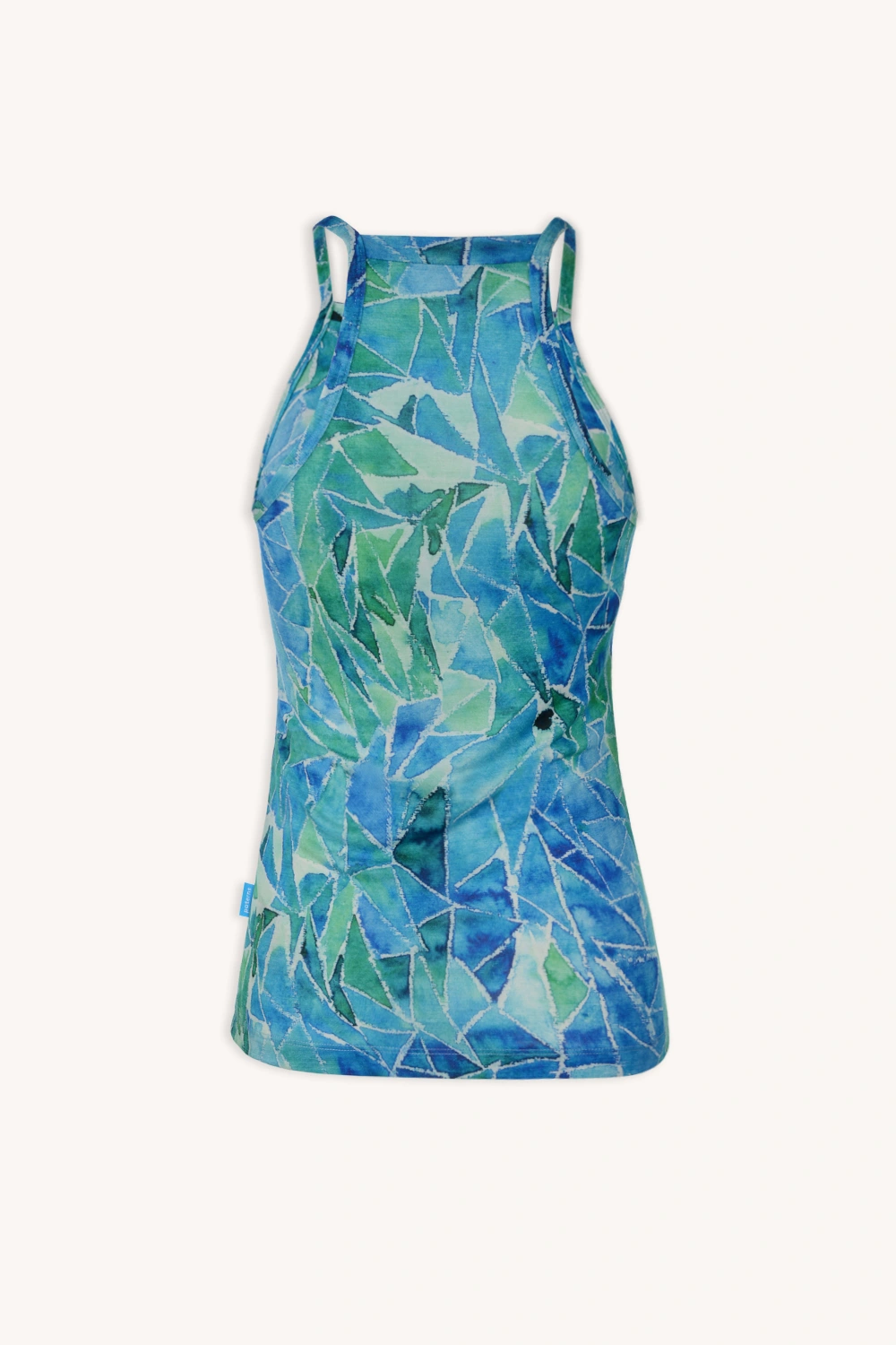 Koszulka z wełny merino ze stójką active damska letnia gorpcore, bez rękawów, z dopasowanym krojem i cienkimi ramiączkami w geometryczny wzór liści w odcieniach niebieskiego i zieleni, prezentowana na białym tle.