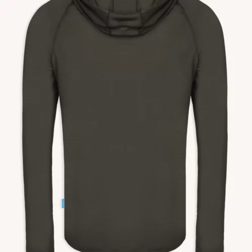 Bluza przeciwsłoneczna Bluza z wełny merino męska oliwkowa: gładka, lekka bluza z długim rękawem z wełny merino w kolorze ciemnozielonym oliwkowym z kapturem i bez widocznych grafik, logo lub wzorów.