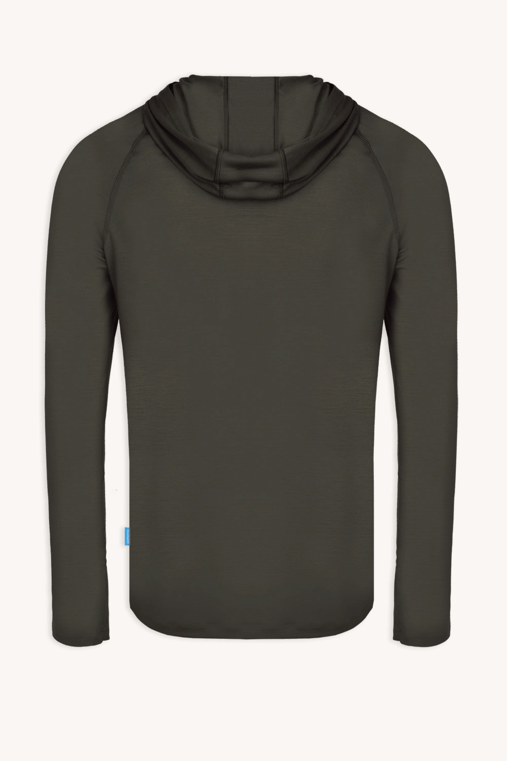 Bluza przeciwsłoneczna Bluza z wełny merino męska oliwkowa: gładka, lekka bluza z długim rękawem z wełny merino w kolorze ciemnozielonym oliwkowym z kapturem i bez widocznych grafik, logo lub wzorów.