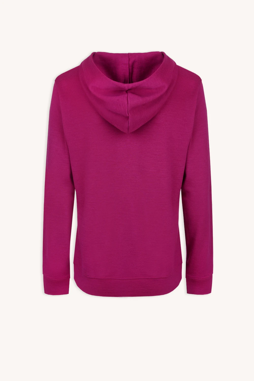 Koszulka z wełny merino prosta damska letnia to gładka, magentowa bluza z długim rękawem, pokazana od tyłu, z kapturem i prążkowanymi mankietami. Ma prosty, jednolity kolor bez widocznych logo lub wzorów.