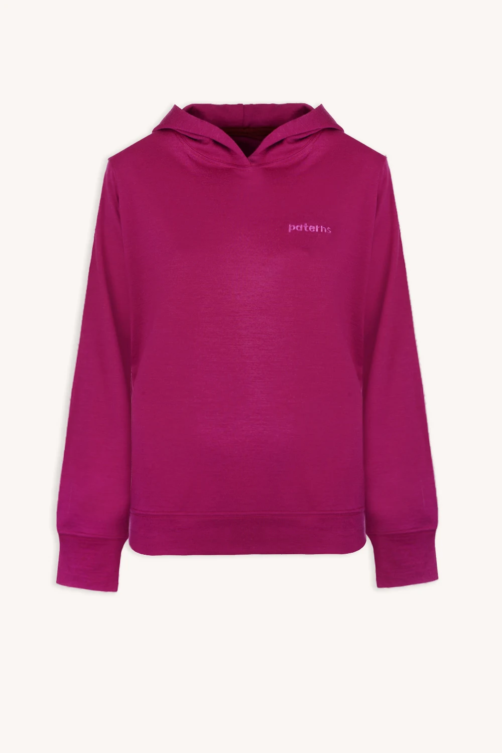 Prosta damska koszulka z wełny merynosów w kolorze jasnej magenty, z długimi rękawami, prążkowanymi mankietami i małym haftowanym logo "patou" na lewej piersi, pokazanym na białym tle. Nazwa produktu: Koszulka z wełny merino prosta damska letnia gorpcore.