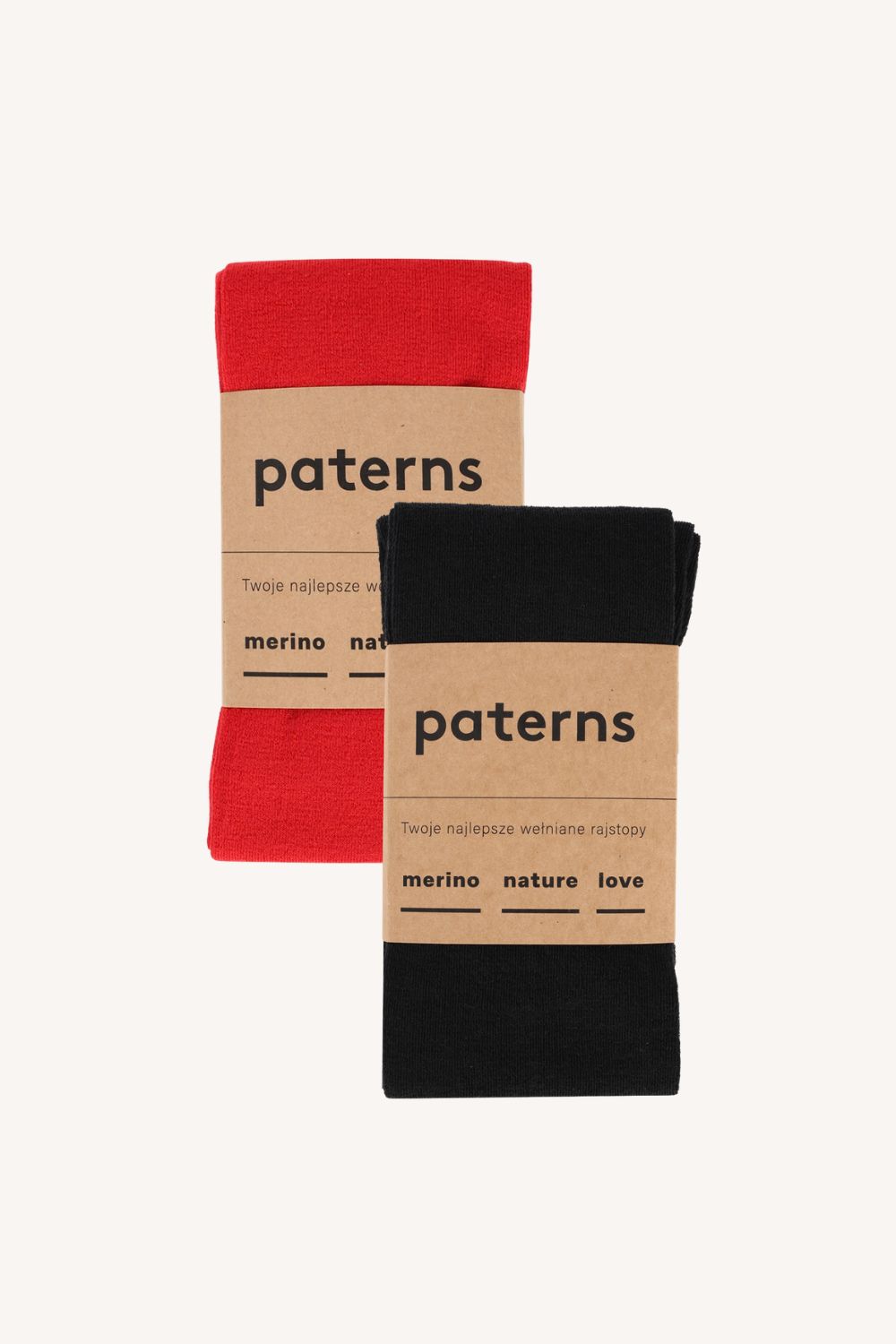 Dwupak: rajstopy czarne i czerwone - dwie pary wełnianych rajstop, każda w brązowym opakowaniu z napisem paterns oraz słowami merino, natura, miłość poniżej.