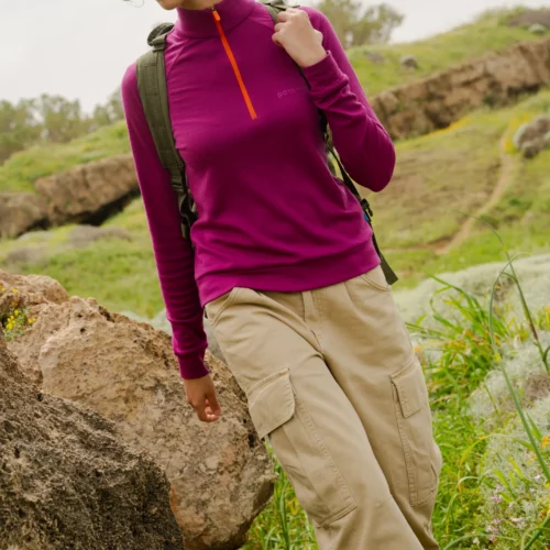 Bluza z wełny merino trekkingowa damska fuksja