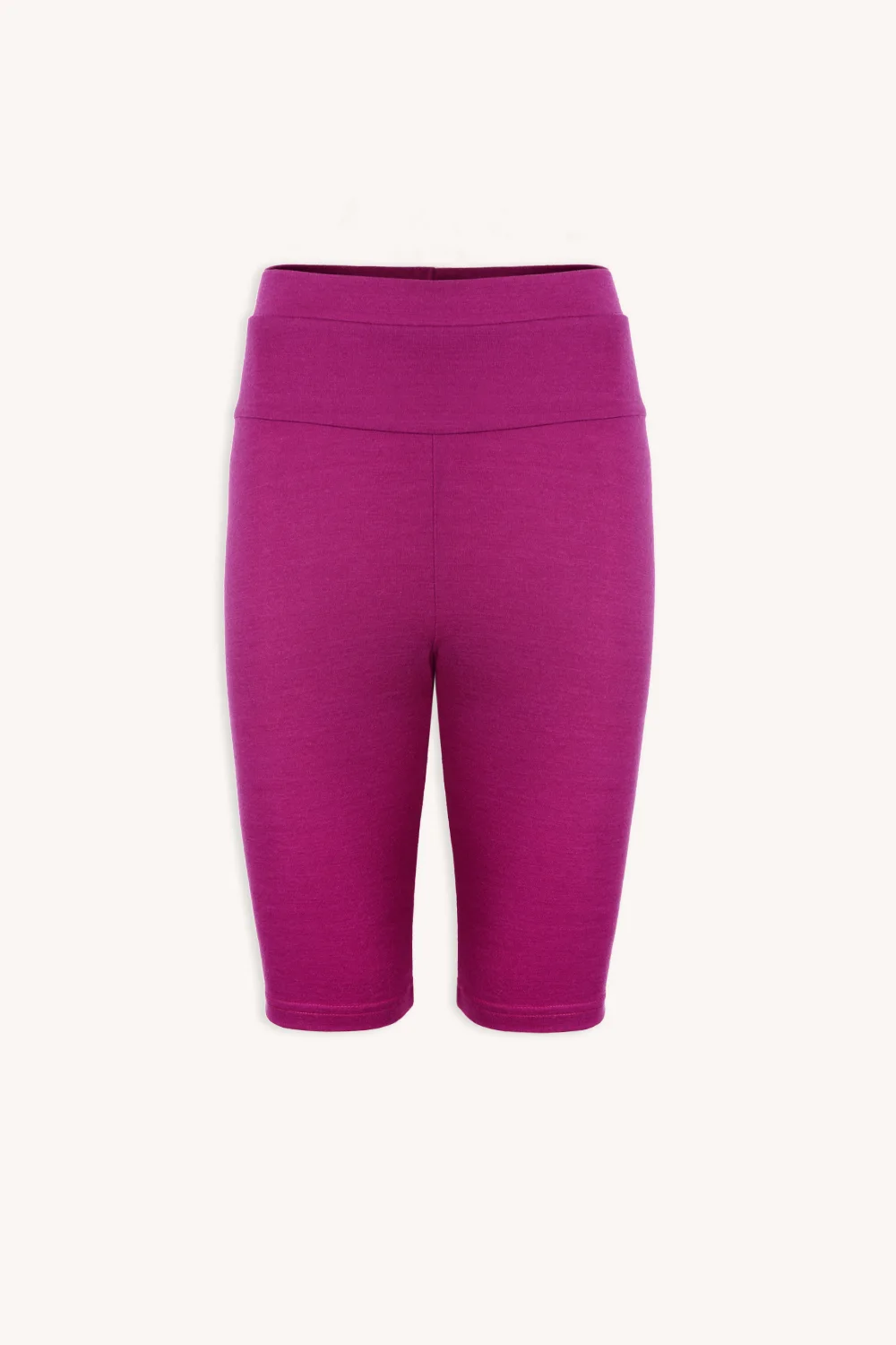 Kolarki z wełny merino damskie fuksja - kobiece, dopasowane, o długości do kolan i szerokim pasie, prezentowane na białym tle.