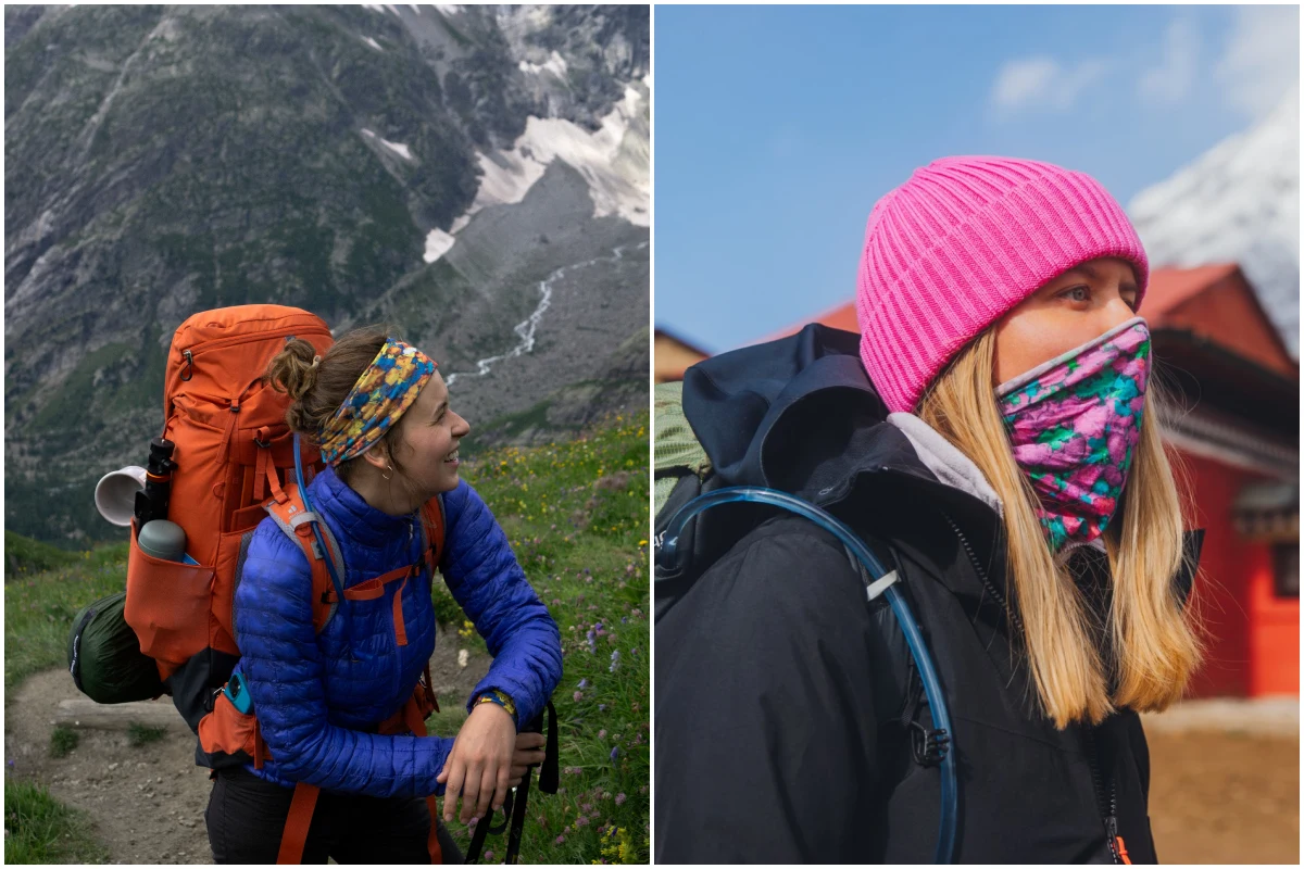 Podzielony obraz: Po lewej, kobieta z dużym pomarańczowym plecakiem wędruje po górach, ubrana w opaskę na głowę i niebieską kurtkę. Po prawej, kobieta w różowej czapce i kolorowym nakryciu twarzy stoi na zewnątrz w zimowym stroju.