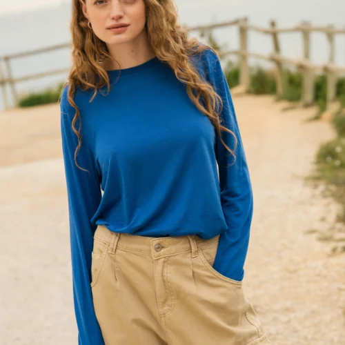 Koszulka z wełny merino z długim rękawem damska kobaltowa