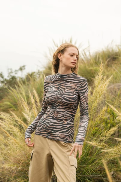 Koszulka z wełny merino ze stójką active damska zebra
