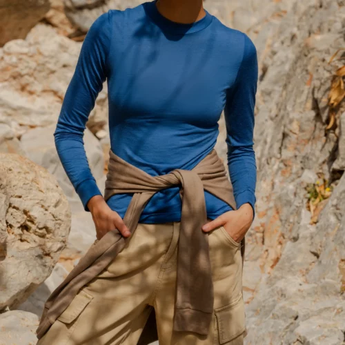 Koszulka z wełny merino ze stójką active damska kobaltowa