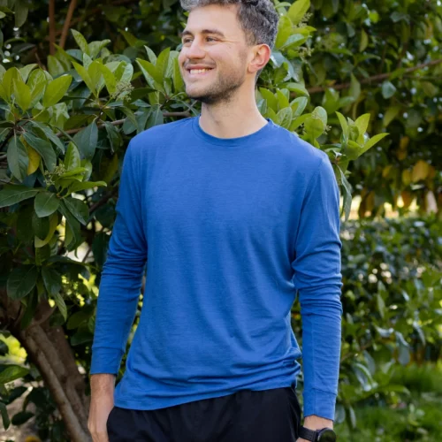 Koszulka z wełny merino z długim rękawem męska kobaltowa