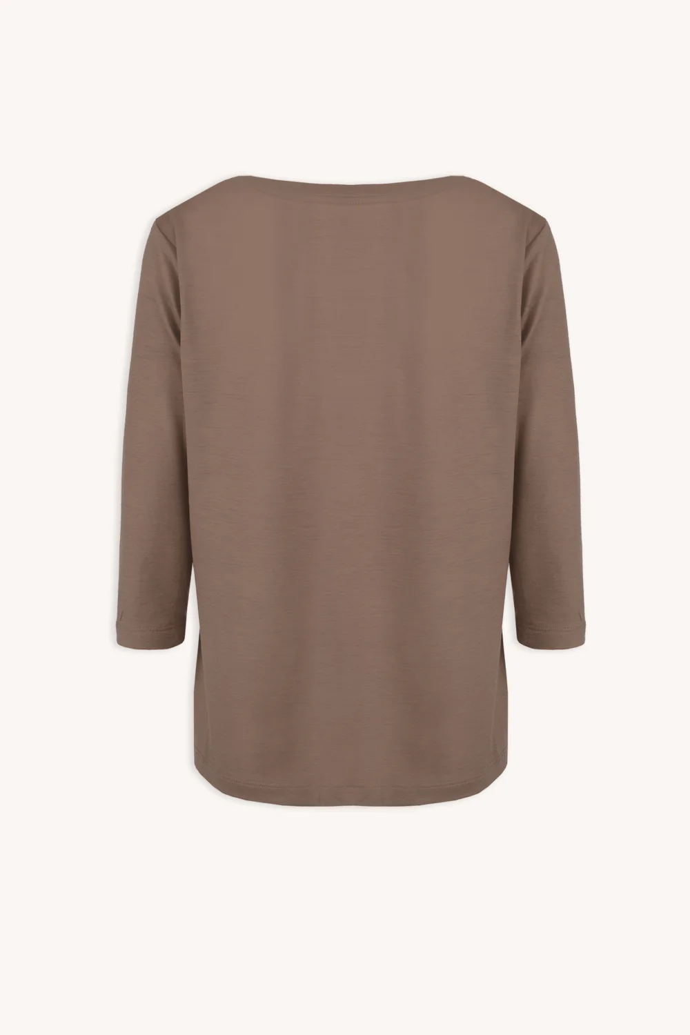 T-shirt z wełny merino męski mokka jest pokazany od tyłu na neutralnym tle, ma gładki krój z długimi rękawami w kolorze jasnobrązowym, prosty, luźny krój i okrągły dekolt.