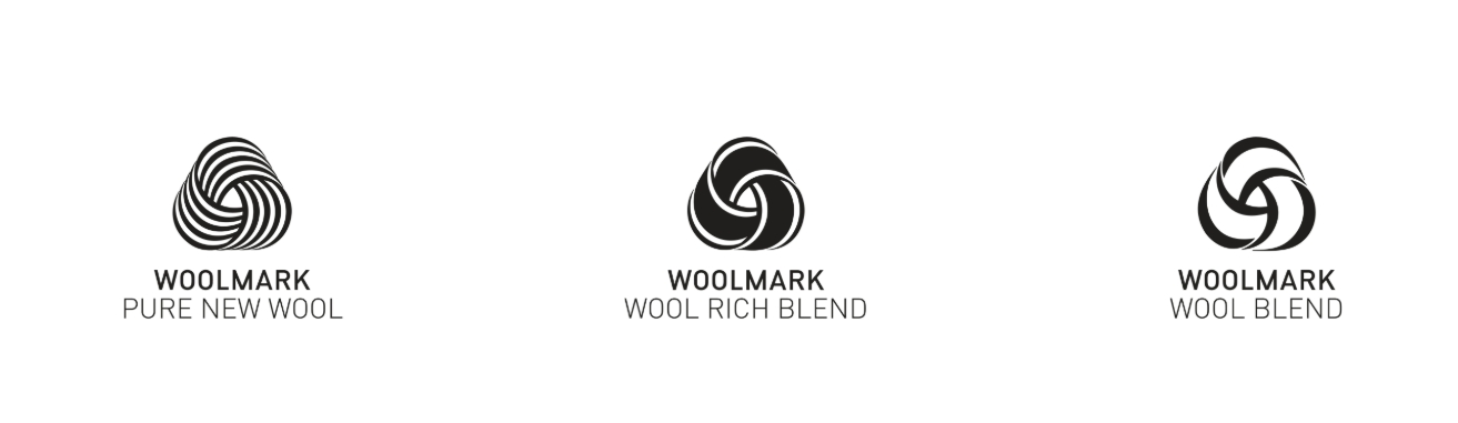 Trzy czarno-białe logo Woolmark dla różnych rodzajów wełny: Pure New Wool, Wool Rich Blend i Wool Blend, każde z wyraźnym wzorem wirowym i pogrubionym tekstem poniżej.