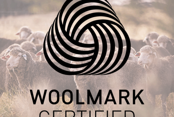 Stado owiec na trawiastym polu z logo Woolmark i napisem Woolmark Certified w widocznym miejscu w kolorze czarnym.