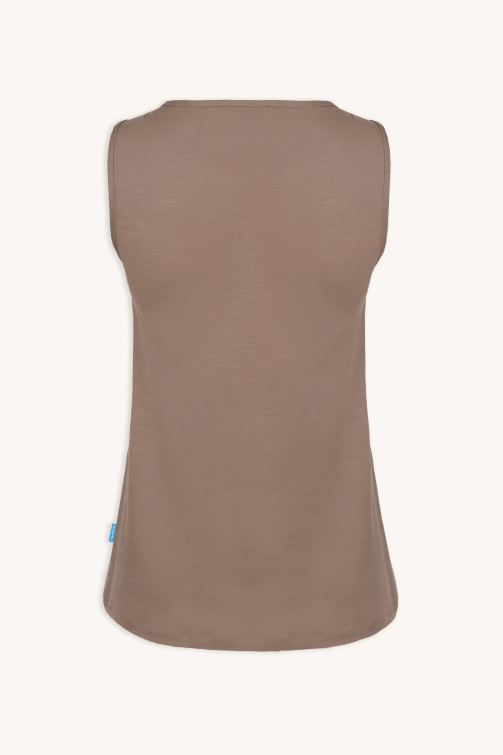 Top z wełny merino z dekoltem w łódkę mokka" to jasnobrązowy tank top bez rękawów wykonany w 100% z wełny merino, pokazany od tyłu na gładkim tle. Ma prosty krój bez wzorów, guzików i suwaków.